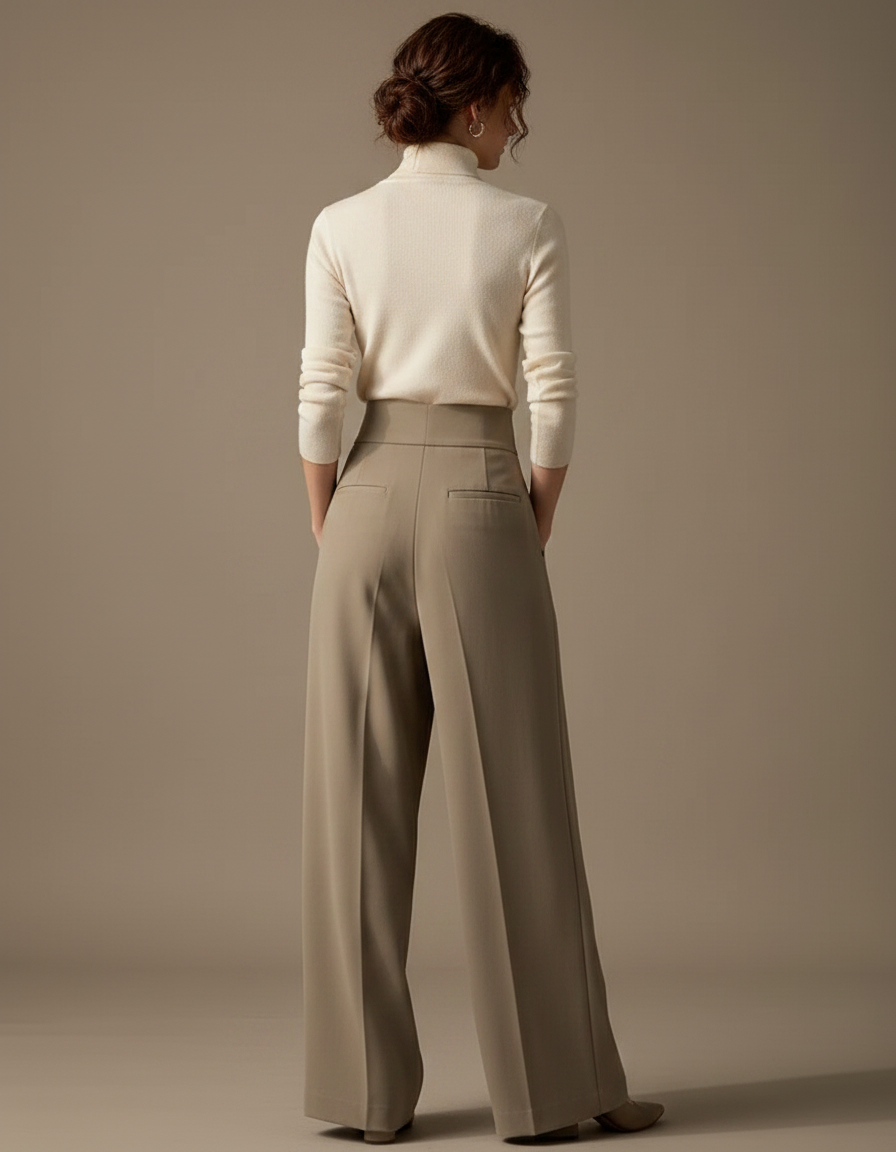 Pantalon Chinois Drapé Ample Taille Haute Femme Élégant - Kaki Polyester - vue 2