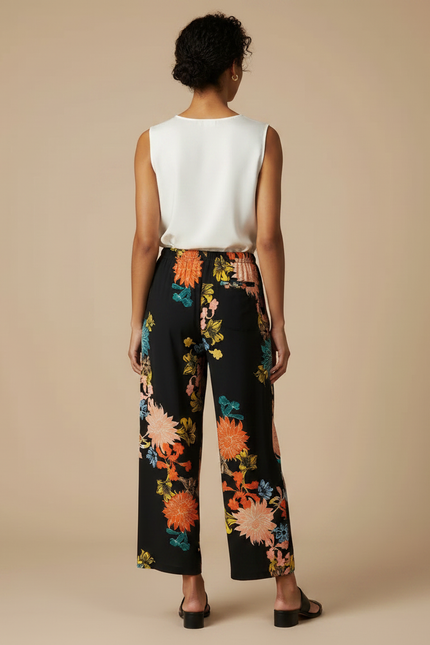 Pantalon Chinois Noir Floral Ample Fluide Cordon Élégant - Imprimé Viscose - vue 2