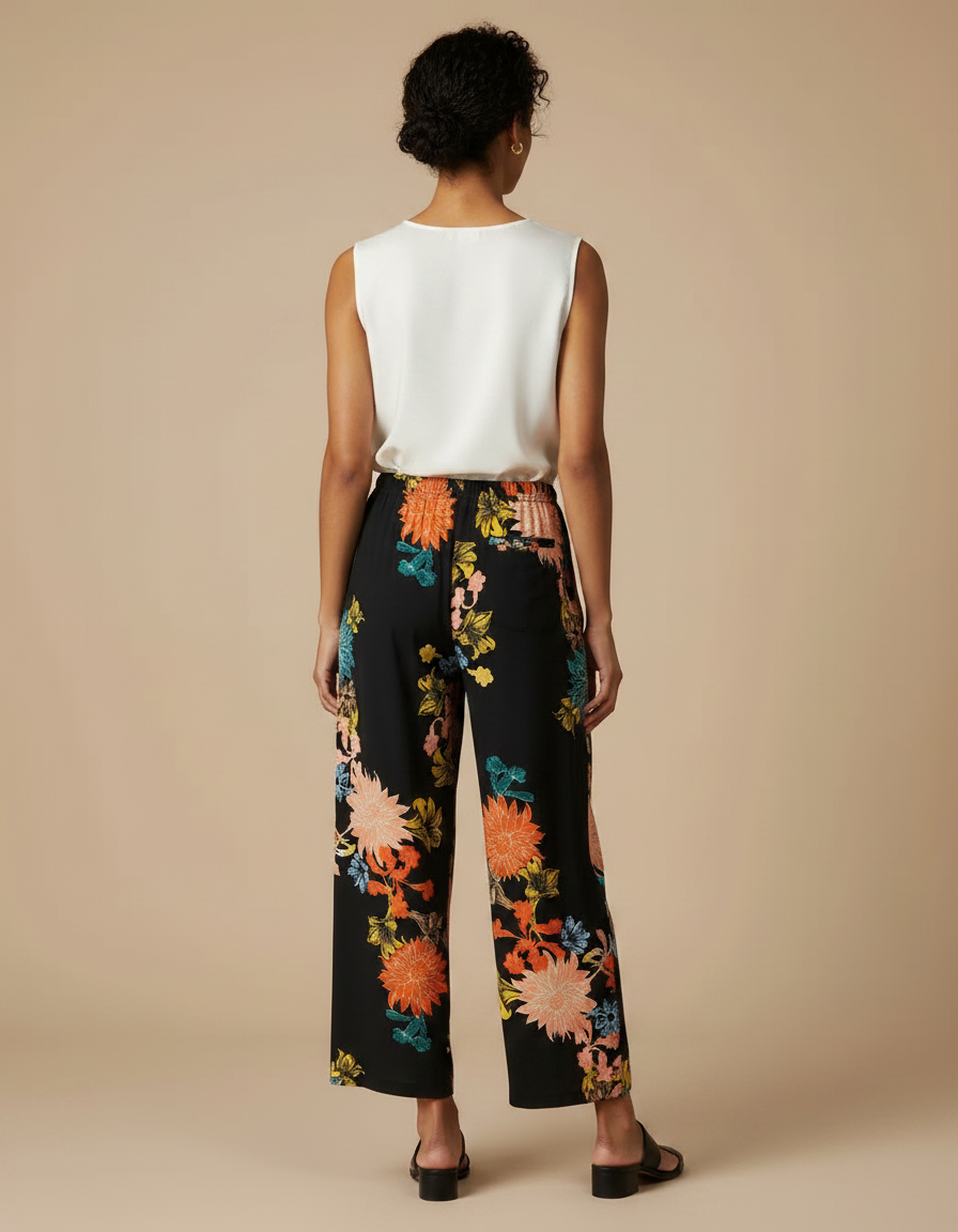 Pantalon Chinois Noir Floral Ample Fluide Cordon Élégant - Imprimé Viscose - vue 2