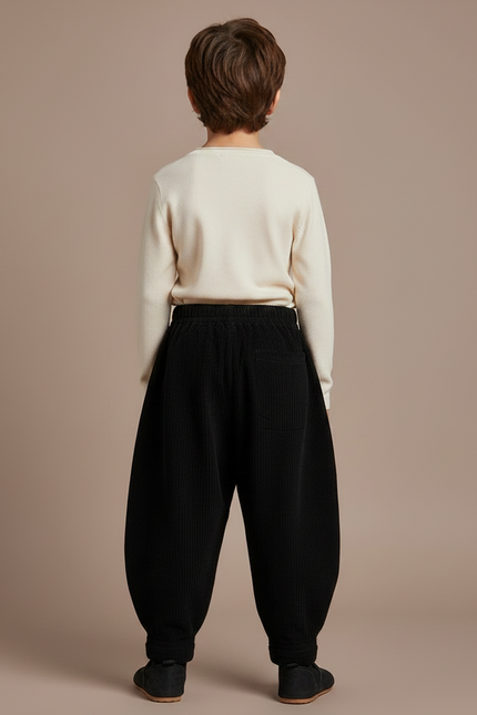 Pantalon Chinois Noir Côtelé Ample Garçon Rétro - Cordé - vue 2