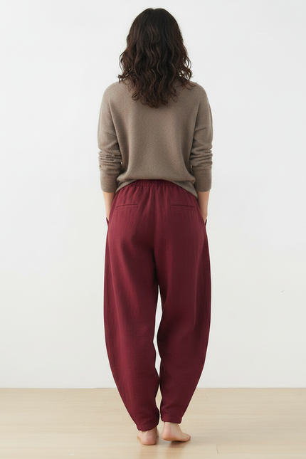 Pantalon Chinois Rouge Grenat Ample Lin Harem Femme - Bordeaux - vue 2