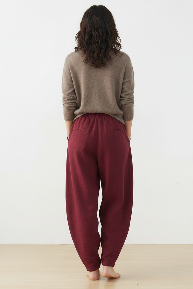 Pantalon Chinois Rouge Grenat Ample Lin Harem Femme - Bordeaux - vue 2