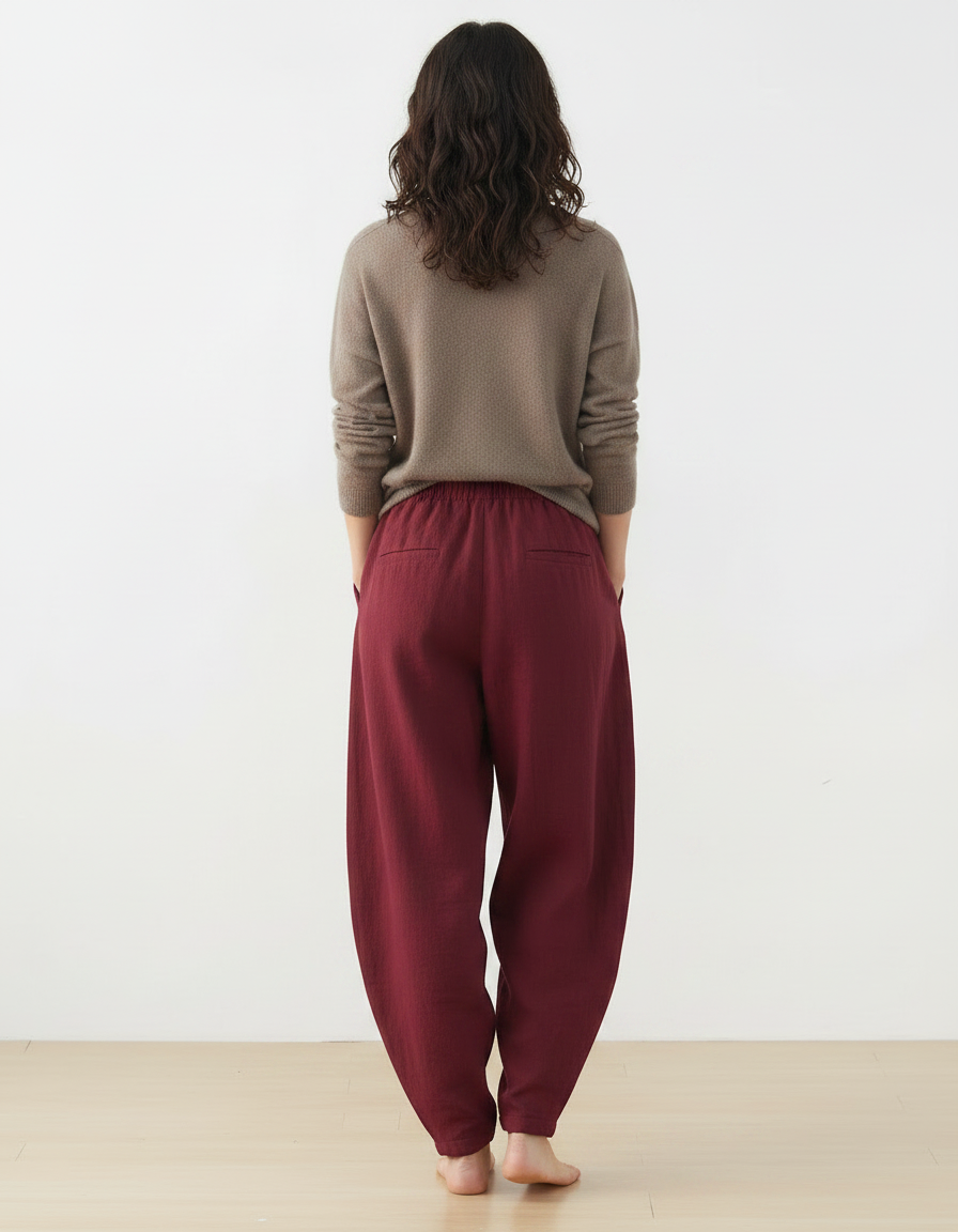 Pantalon Chinois Rouge Grenat Ample Lin Harem Femme - Bordeaux - vue 2