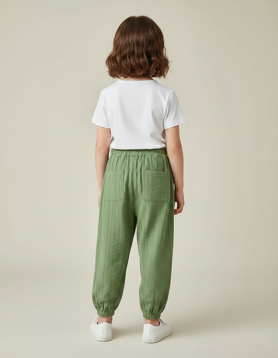Pantalon Chinois Vert Ample Côtelé Enfant Décontracté - Lin - vue 2