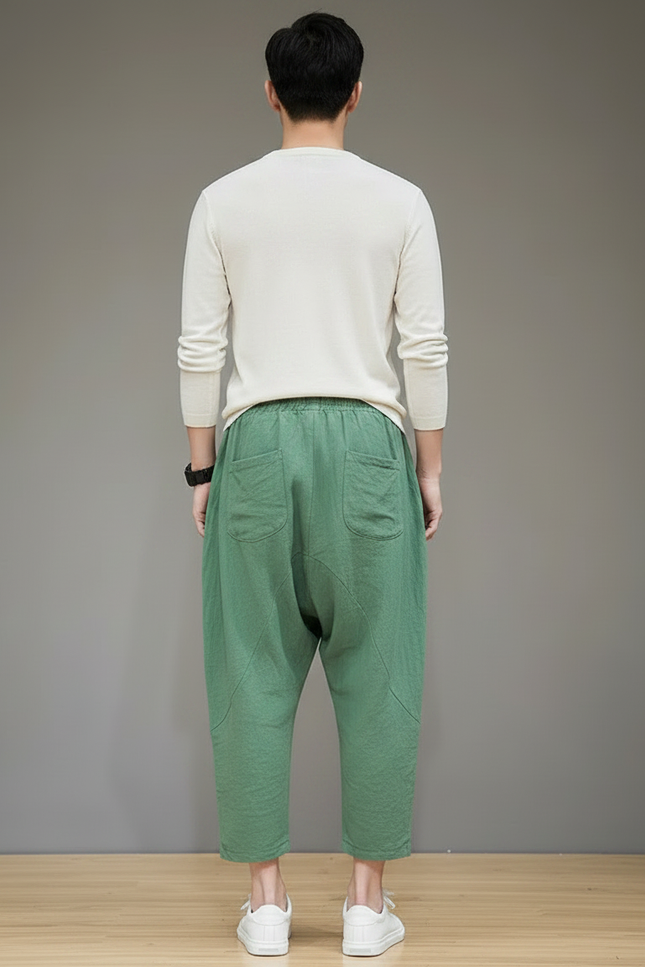 Pantalon Chinois Vert Ample Lin Décontracté Léger - vue 2