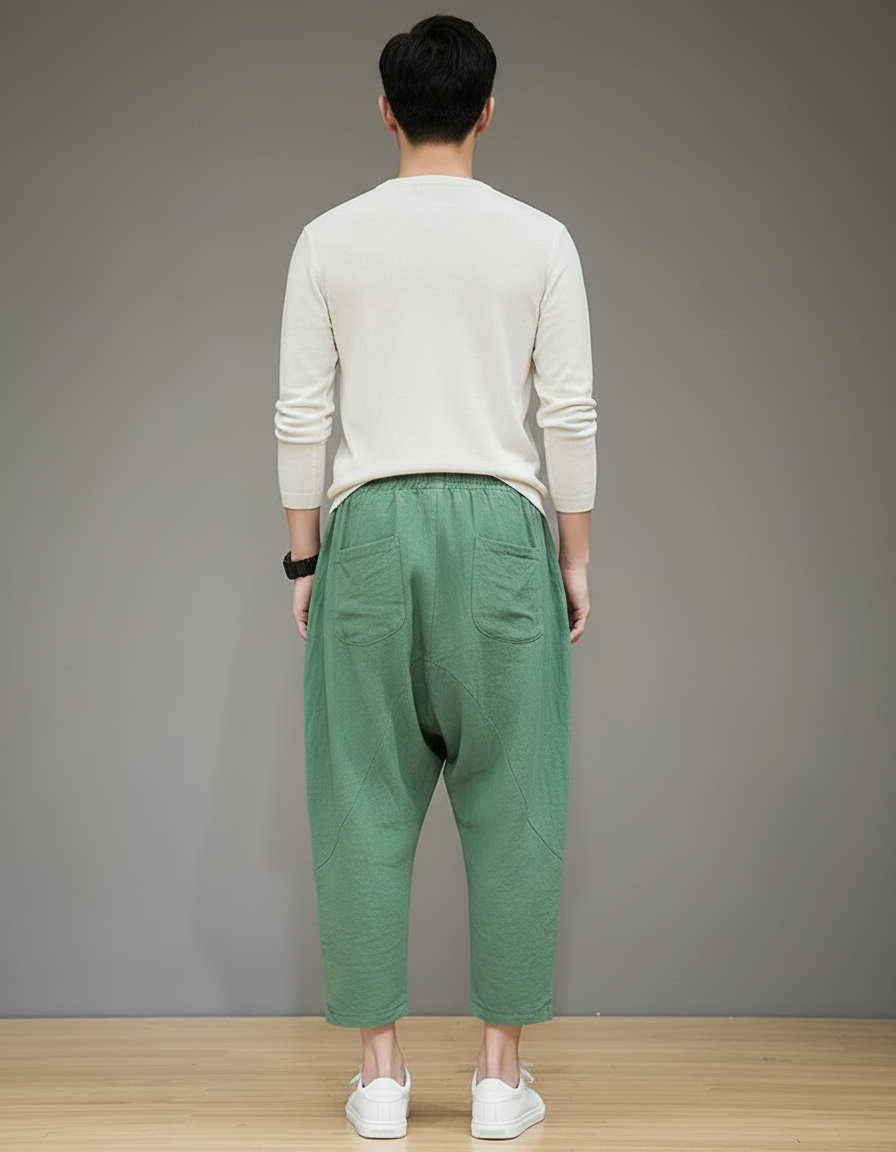 Pantalon Chinois Vert Ample Lin Décontracté Léger - vue 2