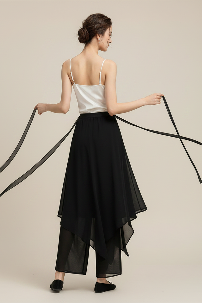 Pantalon Chinois Noir Fluide Ample Asymétrique Femme - Polyester - vue 2