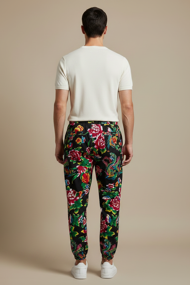 Pantalon Chinois Noir Floral Jogger Harem Homme - Multicolore Viscose - vue 2