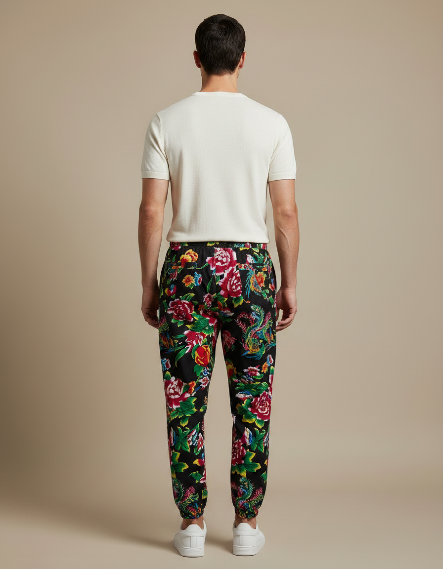 Pantalon Chinois Noir Floral Jogger Harem Homme - Multicolore Viscose - vue 2