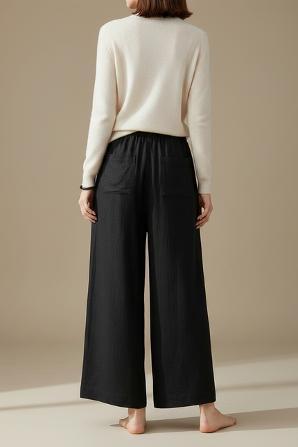 Pantalon Chinois Noir Ample Lin Décontracté Fluide - vue 2
