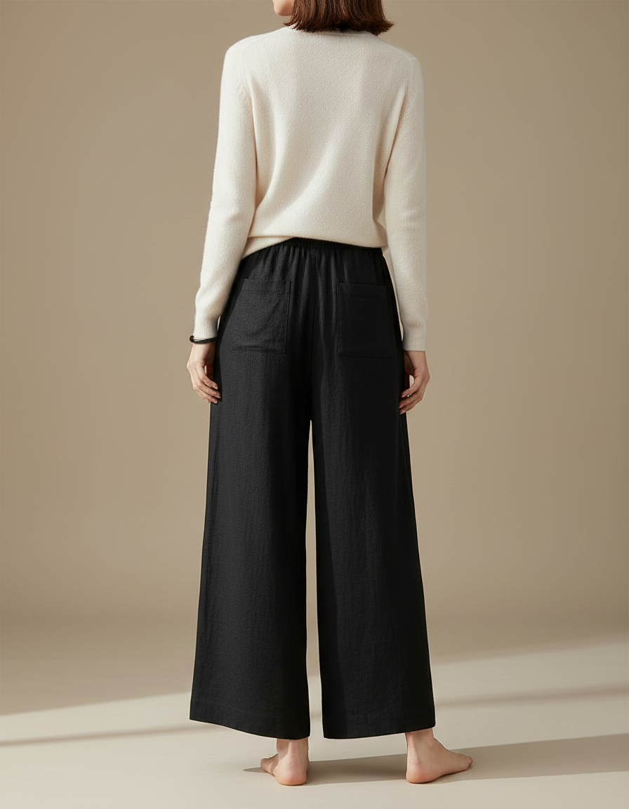 Pantalon Chinois Noir Ample Lin Décontracté Fluide - vue 2