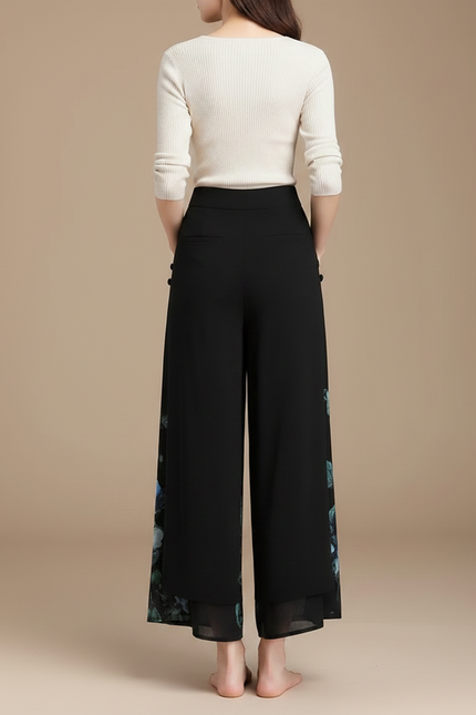 Pantalon Chinois Noir Floral Fluide Évasé Femme - Polyester - vue 2