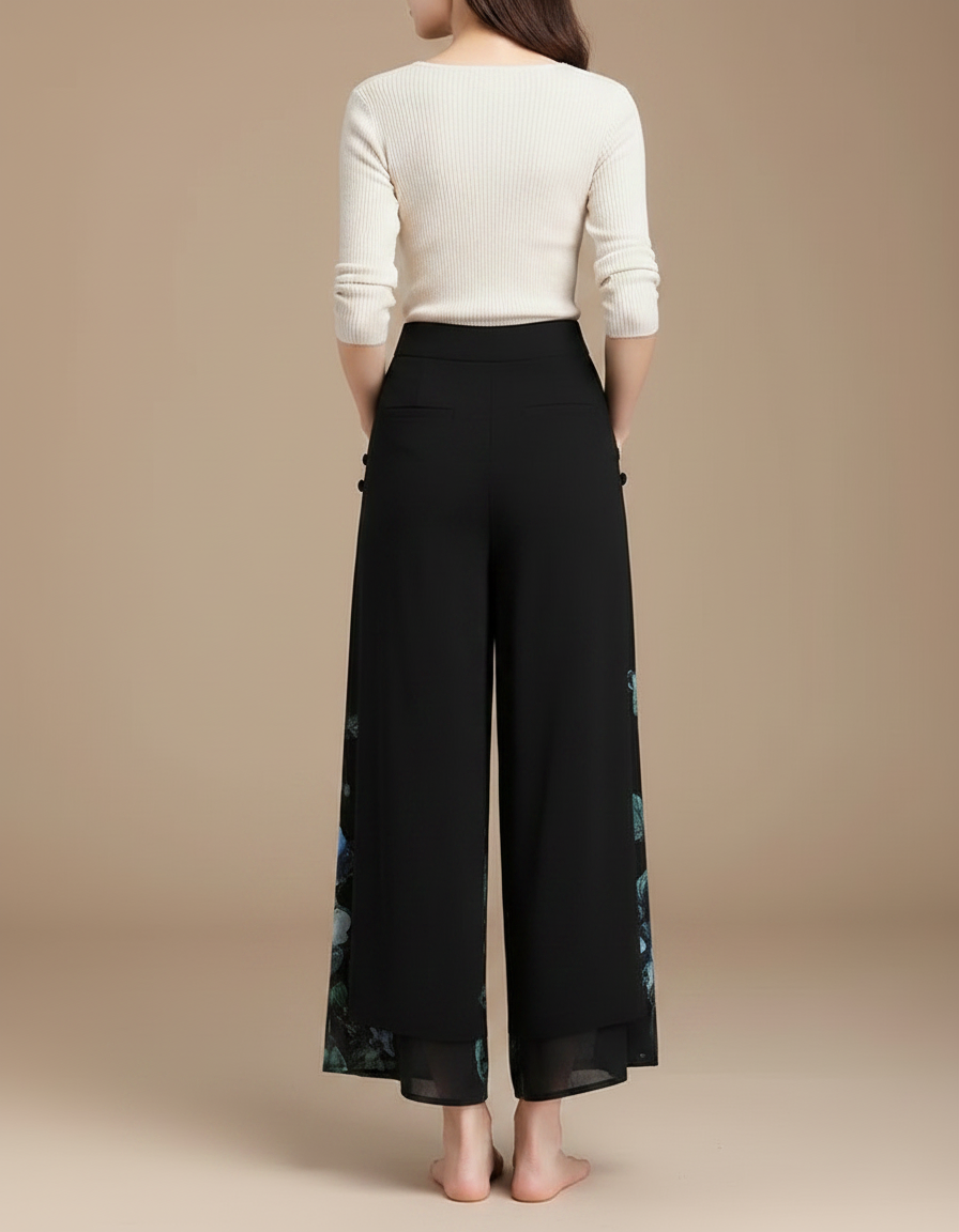 Pantalon Chinois Noir Floral Fluide Évasé Femme - Polyester - vue 2