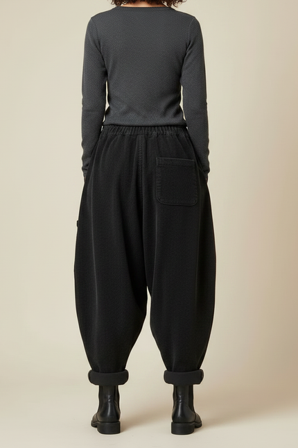Pantalon Chinois Côtelé Patchwork Ample Harem Noir Marron - Cordé - vue 2