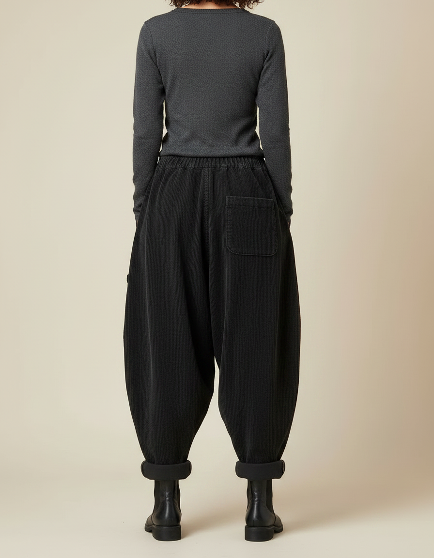 Pantalon Chinois Côtelé Patchwork Ample Harem Noir Marron - Cordé - vue 2