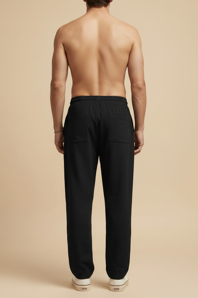 Pantalon Chinois Noir Ample Coton Lin Décontracté - vue 2
