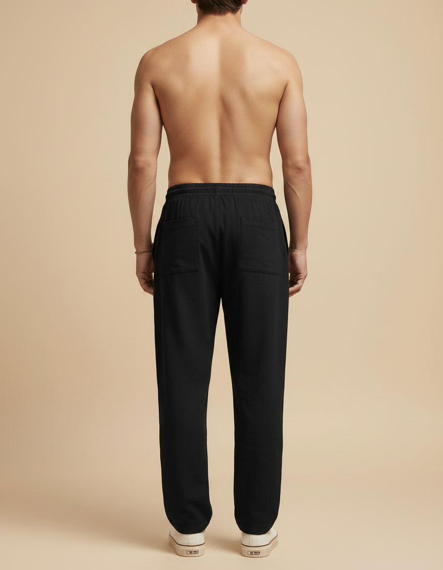 Pantalon Chinois Noir Ample Coton Lin Décontracté - vue 2