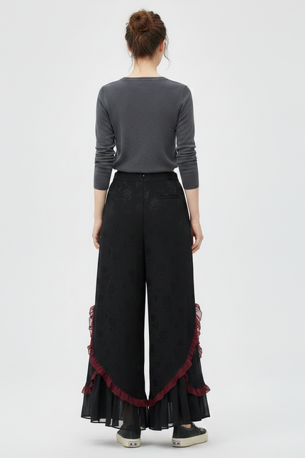 Pantalon Chinois Noir Jacquard Ample Volants Rouges - Satin - vue 2