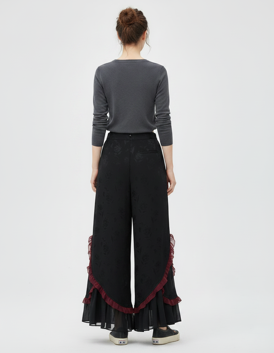 Pantalon Chinois Noir Jacquard Ample Volants Rouges - Satin - vue 2