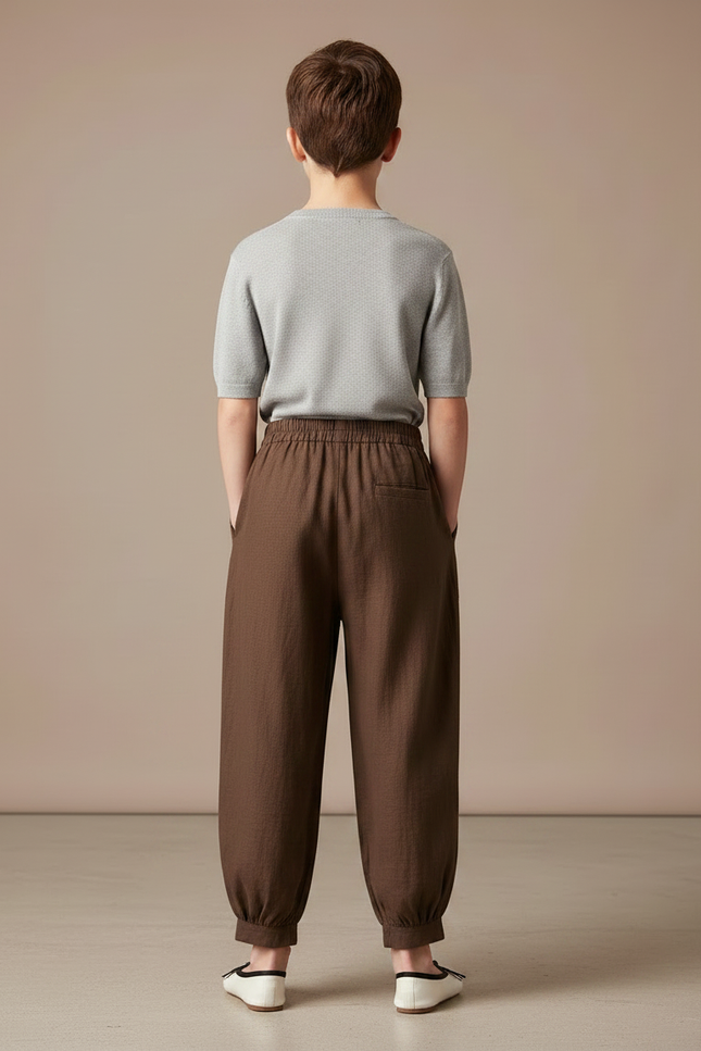 Pantalon Chinois Marron Brodé Ample Coton Enfant - Lin - vue 2