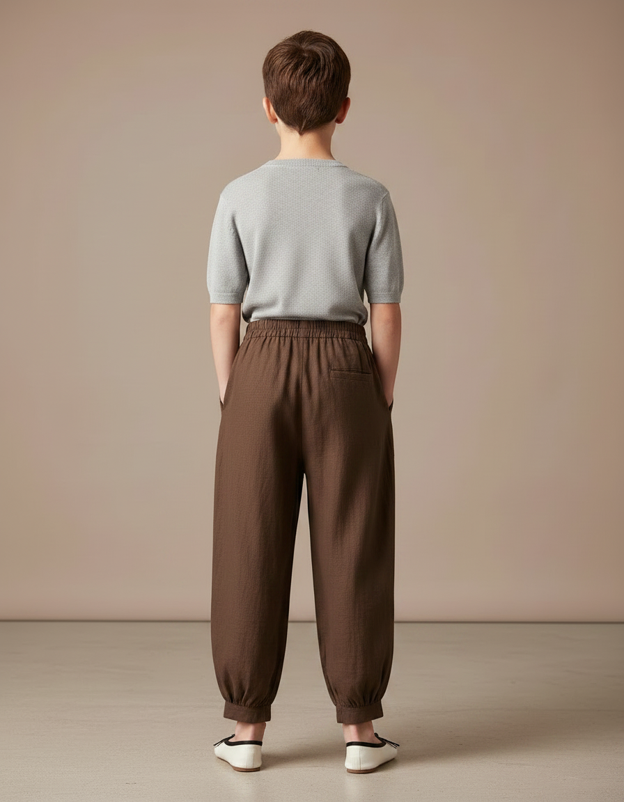 Pantalon Chinois Marron Brodé Ample Coton Enfant - Lin - vue 2