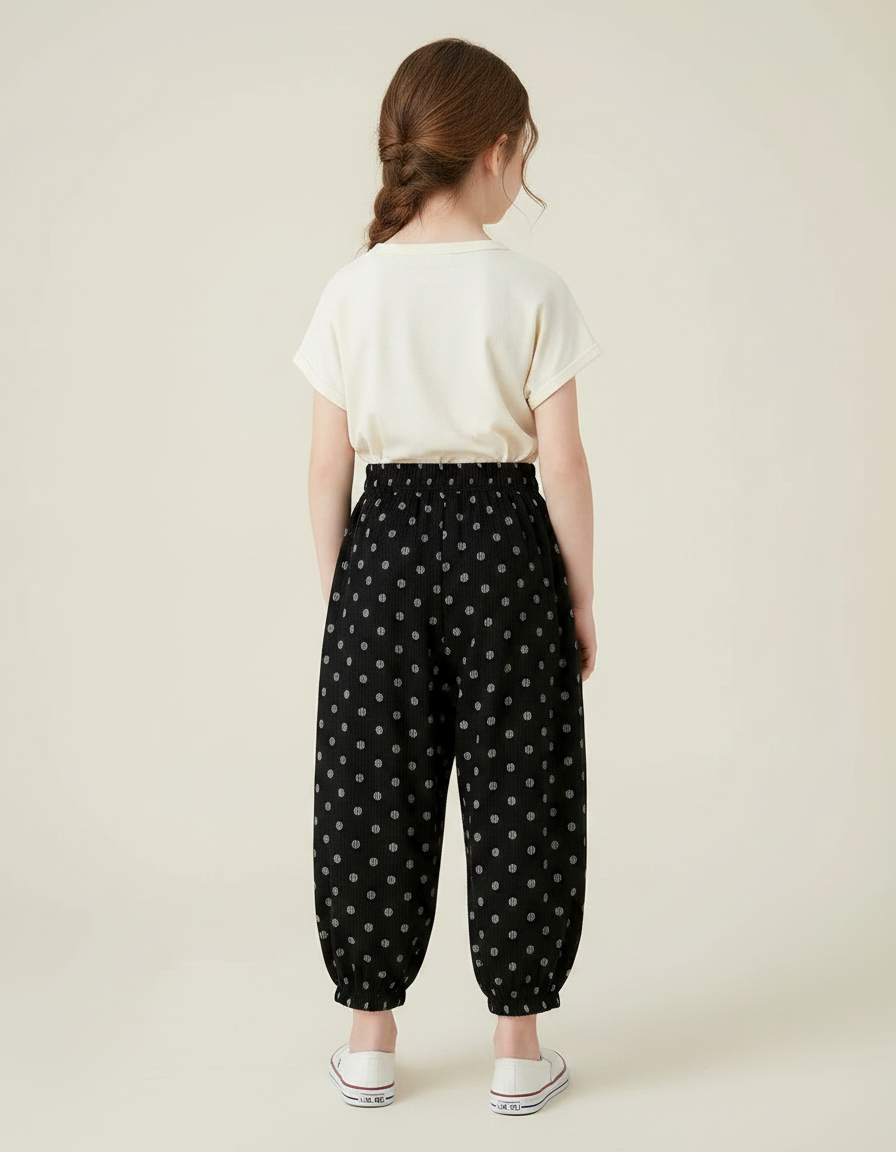 Pantalon Chinois Noir Côtelé Ample Pois Enfant - Cordé - vue 2