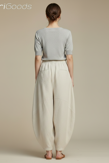 Pantalon Chinois Beige Lin Ample Sarouel Confortable Femme - vue 2