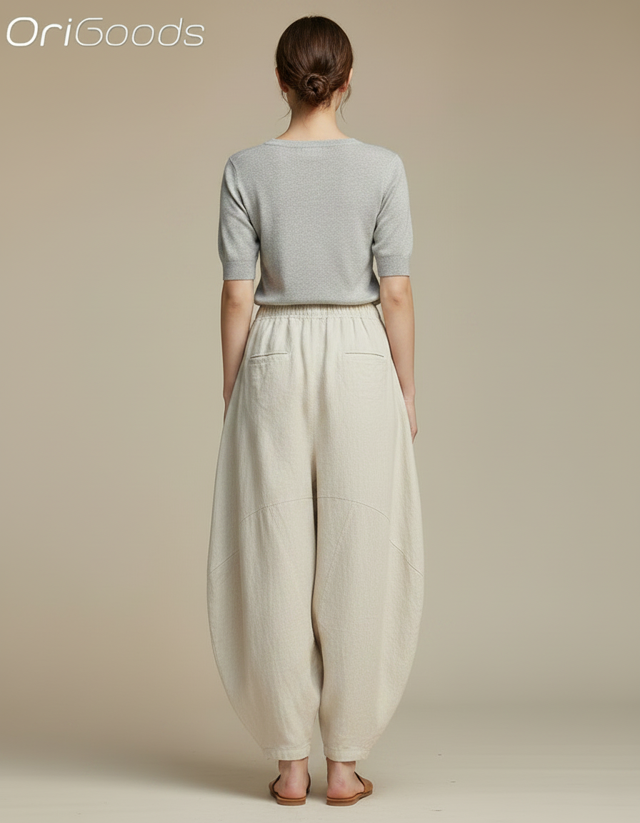 Pantalon Chinois Beige Lin Ample Sarouel Confortable Femme - vue 2