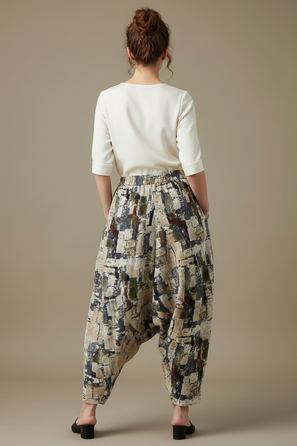Pantalon Chinois Harem Imprimé Lin Coton Ample Rétro - vue 2