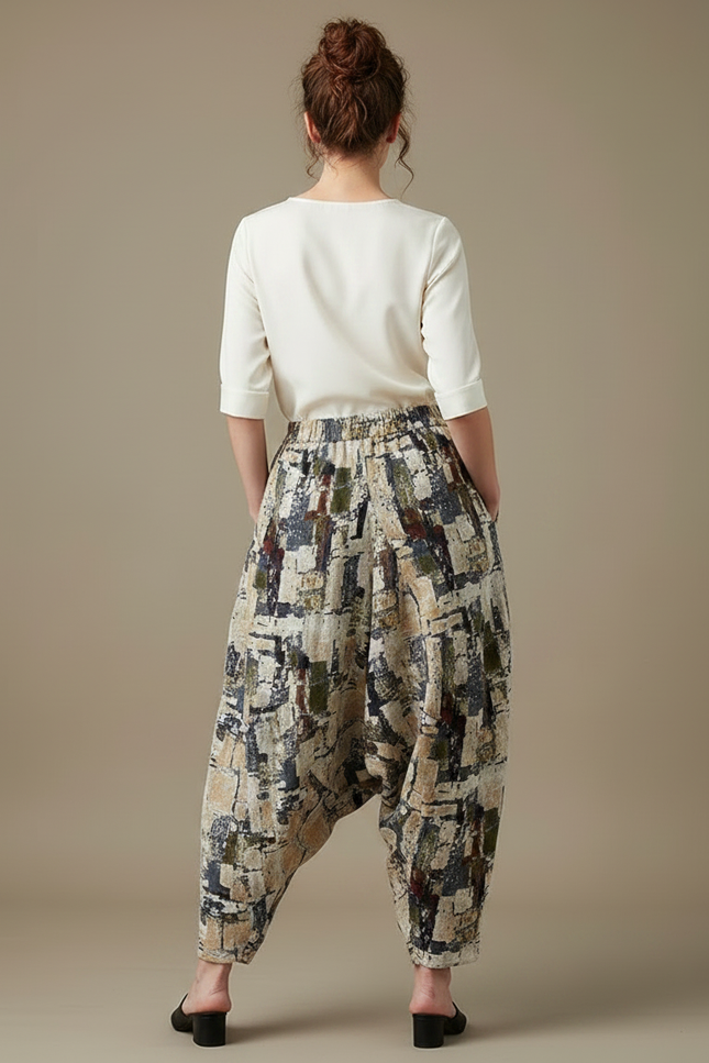 Pantalon Chinois Harem Imprimé Lin Coton Ample Rétro - vue 2
