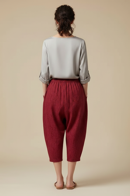 Pantalon Chinois Rouge Sarouel Texturé Ample Femme - Bordeaux Coton - vue 2