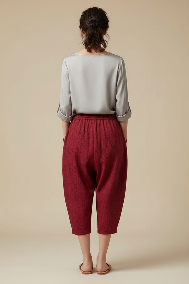 Pantalon Chinois Rouge Sarouel Texturé Ample Femme - Bordeaux Coton - vue 2