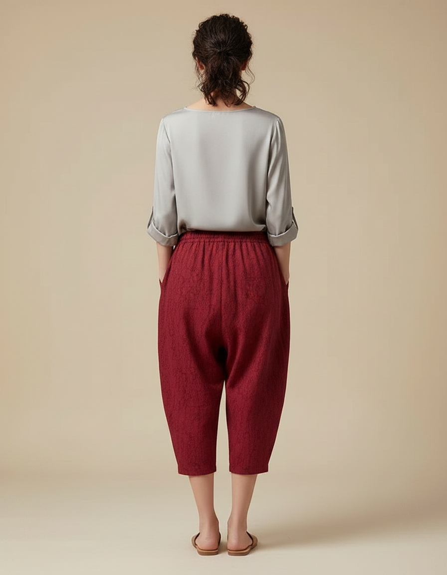 Pantalon Chinois Rouge Sarouel Texturé Ample Femme - Bordeaux Coton - vue 2