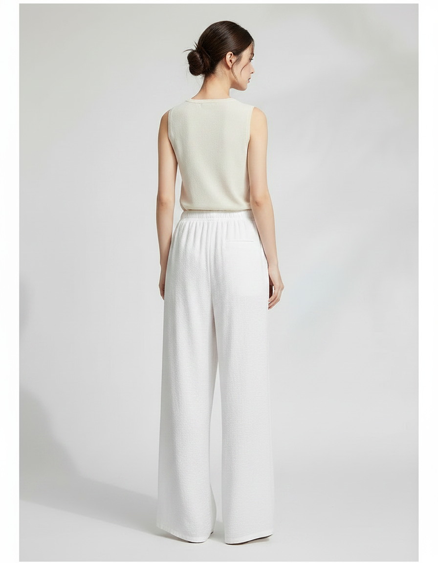 Pantalon Chinois Blanc Ample Fluide Texturé Femme - Lin - vue 2