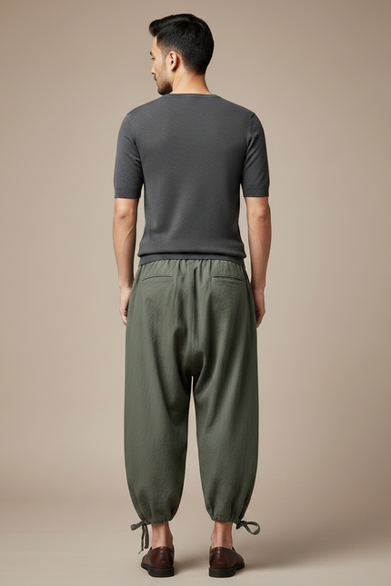 Pantalon Chinois Vert Armée Ample Coton Lin Homme - Kaki - vue 2