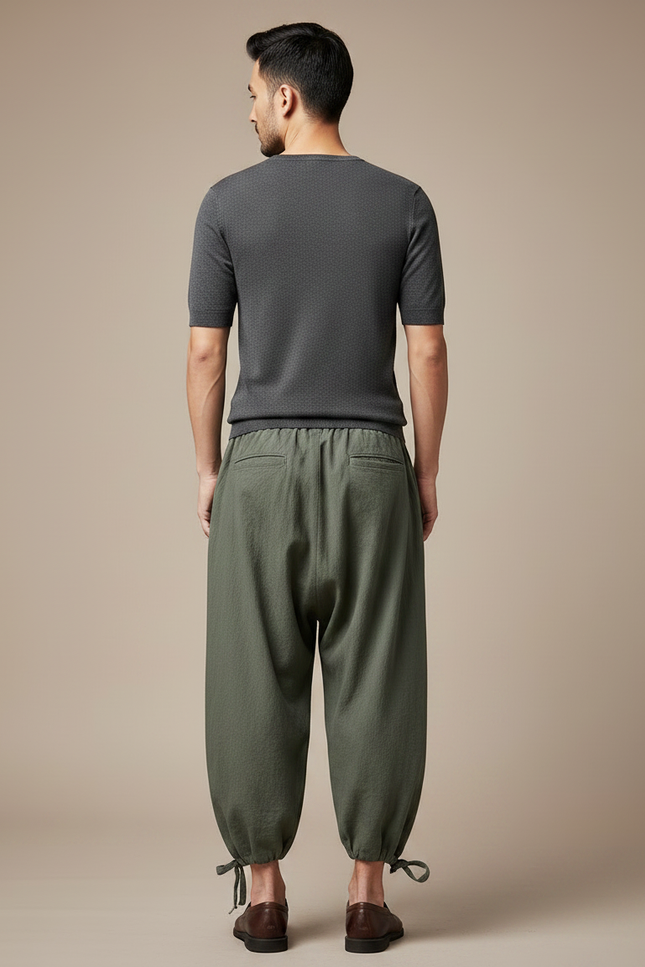Pantalon Chinois Vert Armée Ample Coton Lin Homme - Kaki - vue 2