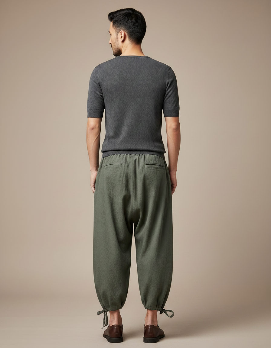 Pantalon Chinois Vert Armée Ample Coton Lin Homme - Kaki - vue 2