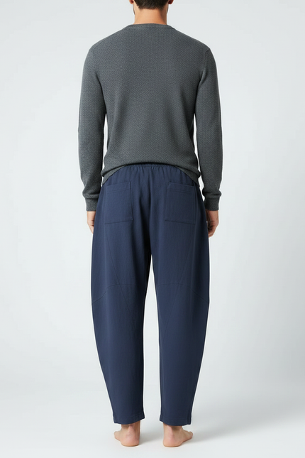 Pantalon Chinois Bleu Marine Ample Coton Lin Décontracté - vue 2