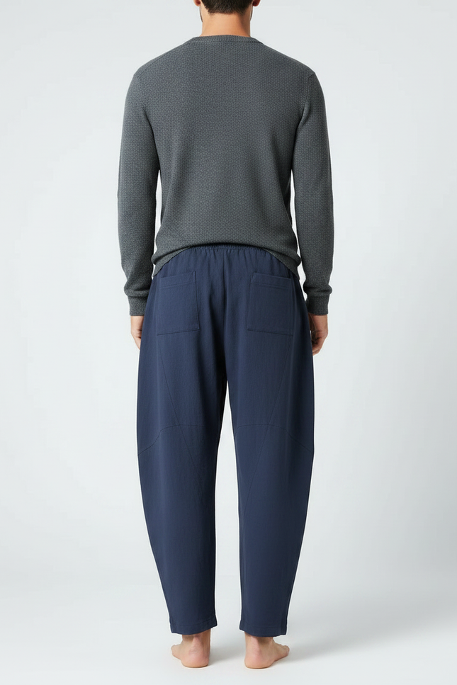 Pantalon Chinois Bleu Marine Ample Coton Lin Décontracté - vue 2
