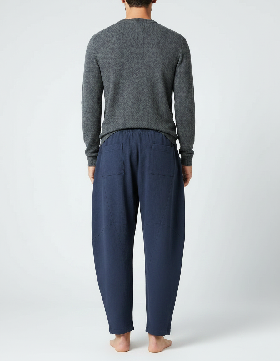 Pantalon Chinois Bleu Marine Ample Coton Lin Décontracté - vue 2
