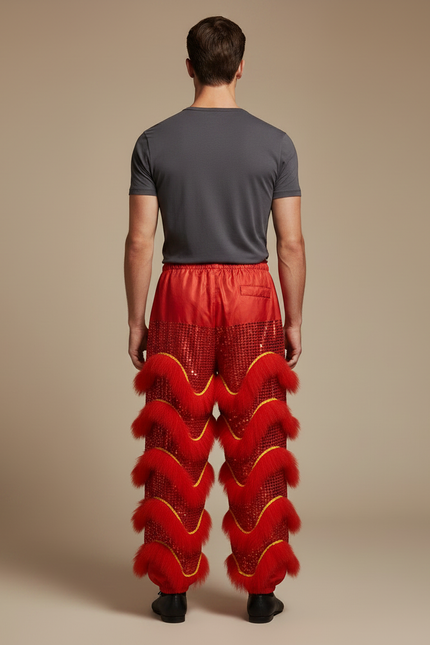 Pantalon Chinois Rouge Scintillant Fourrure Dorée Festif Homme - Polyester - vue 2