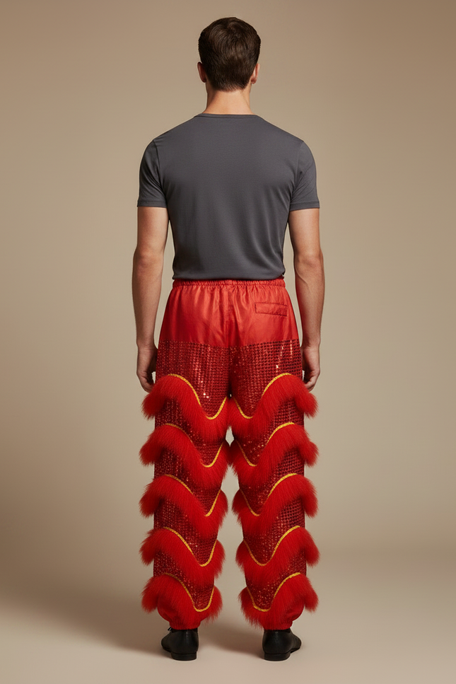 Pantalon Chinois Rouge Scintillant Fourrure Dorée Festif Homme - Polyester - vue 2