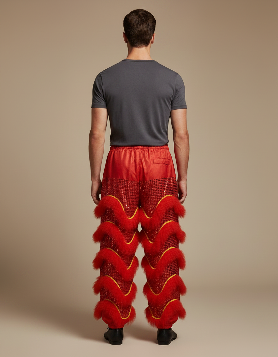 Pantalon Chinois Rouge Scintillant Fourrure Dorée Festif Homme - Polyester - vue 2