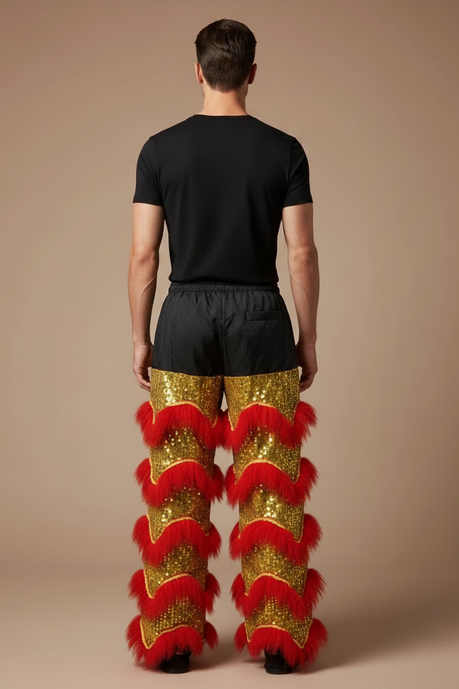 Pantalon Chinois Lion Danse Scintillant Rouge Doré Homme - Multicolore Polyester - vue 2