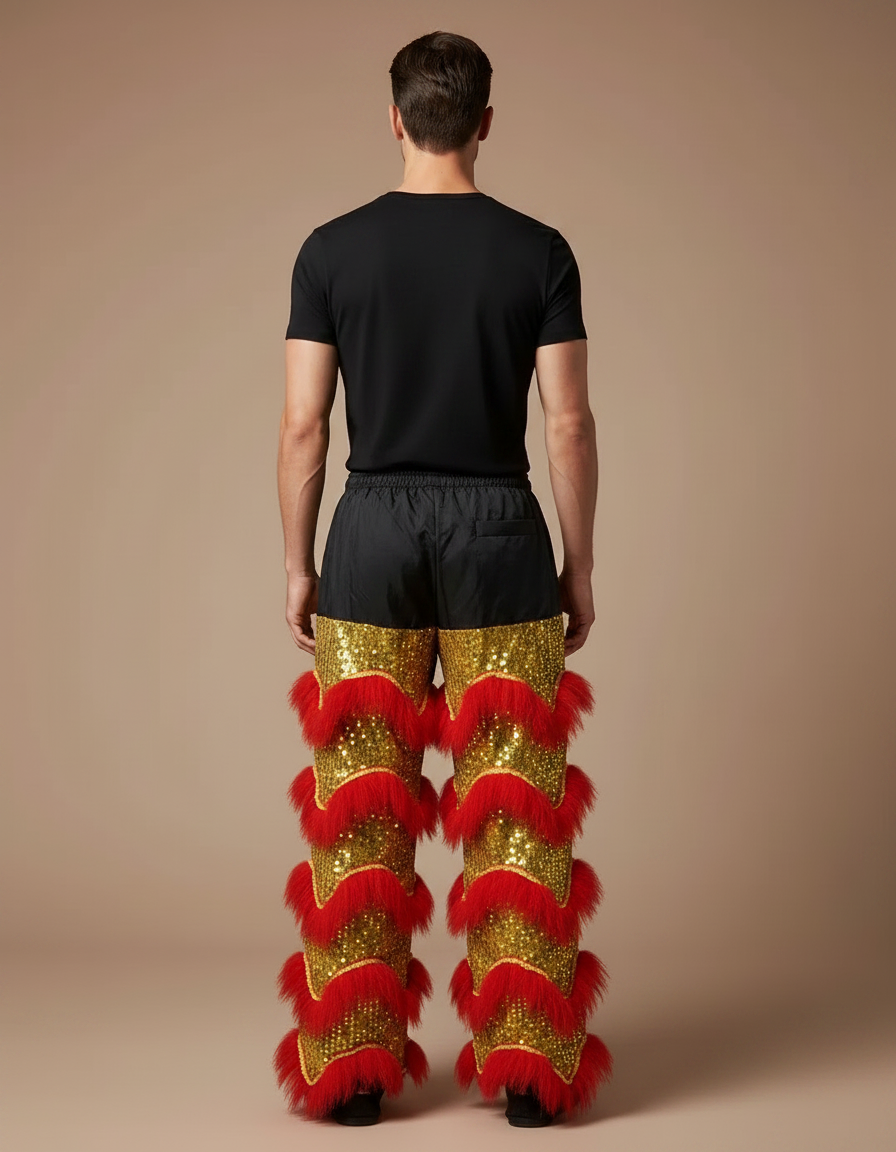 Pantalon Chinois Lion Danse Scintillant Rouge Doré Homme - Multicolore Polyester - vue 2