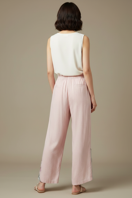 Pantalon Chinois Rose Brodé Lin Ample Fluide - vue 2