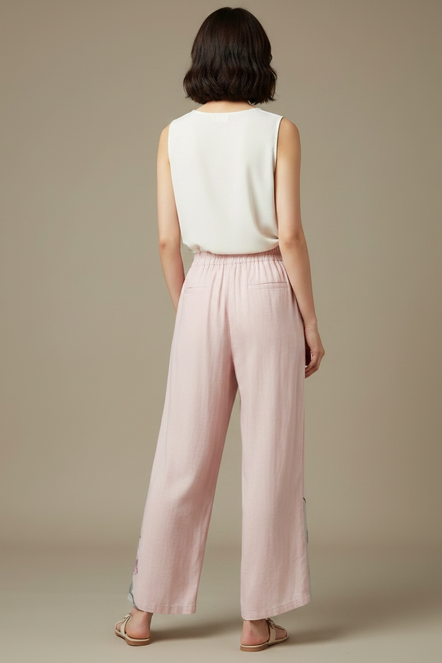 Pantalon Chinois Rose Brodé Lin Ample Fluide - vue 2