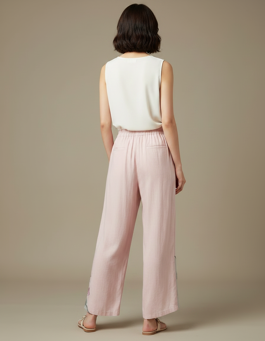 Pantalon Chinois Rose Brodé Lin Ample Fluide - vue 2