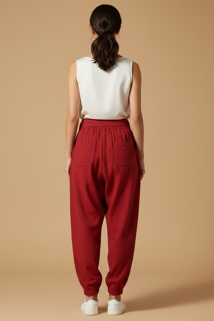 Pantalon Chinois Rouge Harem Fluide Brodé Coton - vue 2