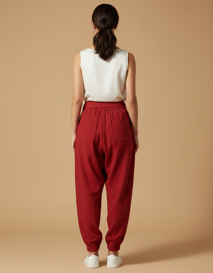 Pantalon Chinois Rouge Harem Fluide Brodé Coton - vue 2